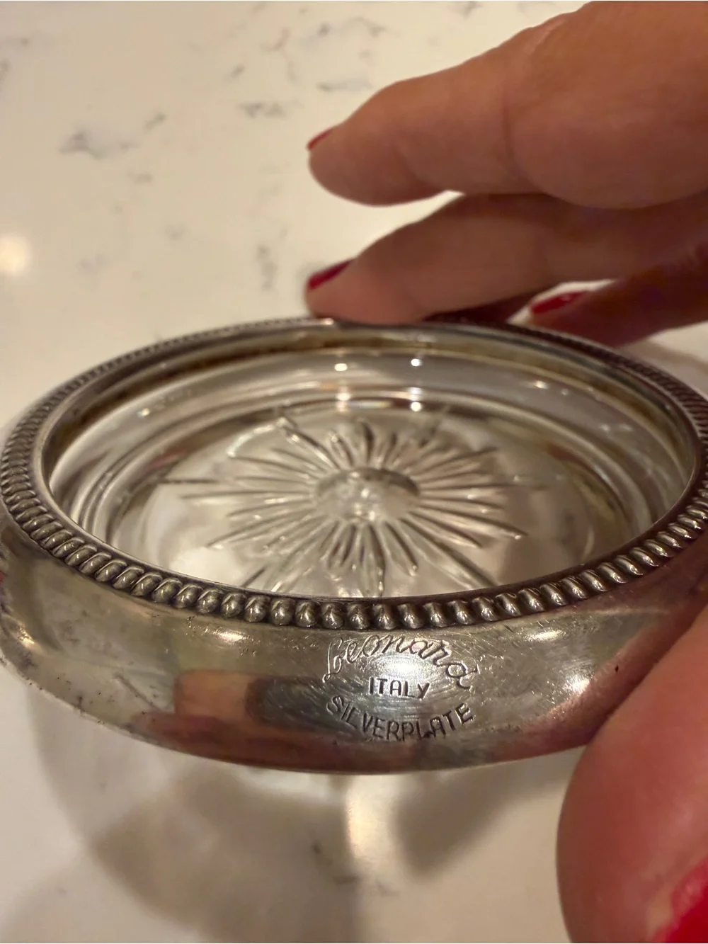 Vintage Leonard Italy Silverplate Glass Coasters Set of 2 Starburst Beaded Rim